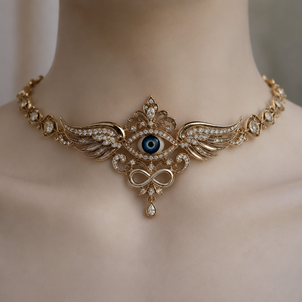 A cholker that middle will elegant evil ane and one flight , infinity heart and wings
photorealistic jewelry design, A cholker that middle will elegant evil ane and one flight , infinity heart and wings , vintage style, just the design no text