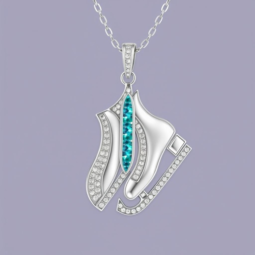 Silver pendant in the shape of ice skating blades with a turquoise stripe within the blade