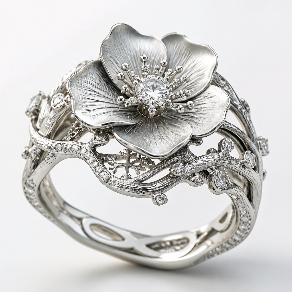 A women's ring. Create a one-of-a-kind heirloom ring that tells a deeply personal story. The design is inspired by the Hellebore (Winter Rose), the rare flower that blooms in the harshest winter, symbolizing resilience, quiet strength, hope, self-worth, and beauty that thrives despite adversity.
The ring must feel like a masterpiece from a world-renowned haute joaillerie house, with timeless elegance, exceptional craftsmanship, and museum-quality artistry. Avoid a simple flower placed on a band. Instead, let the Hellebore naturally emerge from flowing, sculptural branches, as if it has grown through ice and winter.
The flower should have five realistic, delicately layered petals with soft organic curves. At the center, place a brilliant round diamond that represents an inner light that never fades. The petals should appear light and graceful while expressing quiet strength.
Craft the ring in platinum or 18K white gold with a combination of polished and satin finishes to resemble frost. Tiny pavé diamonds should be scattered along the branches like sparkling snow crystals. Incorporate subtle textures inspired by frozen branches, ice, and winter winds without making the design look overly decorative.
Hide meaningful details within the design, such as a tiny snowflake beneath the flower, a delicate infinity motif inside the band, and elegant openwork visible only from certain angles. Every hidden element should symbolize perseverance, growth, and the beauty of overcoming hardship.
The overall aesthetic should be quiet luxury: refined, sophisticated, feminine, botanical, sculptural, and timeless. It should look exclusive, artistic, and worthy of being passed down through generations. The proportions must be balanced and comfortable enough for everyday wear while retaining the appearance of a couture jewelry masterpiece.
Photorealistic luxury jewelry render, macro photography, flawless diamond cuts, ultra-high detail, lifelike metal reflections, soft winter lighting, clean white background, editorial jewelry campaign, 8K, award-winning jewelry design.
photorealistic jewelry design, A women's ring. Create a one-of-a-kind heirloom ring that tells a deeply personal story. The design is inspired by the Hellebore (Winter Rose), the rare flower that blooms in the harshest winter, symbolizing resilience, quiet strength, hope, self-worth, and beauty that thrives despite adversity.
The ring must feel like a masterpiece from a world-renowned haute joaillerie house, with timeless elegance, exceptional craftsmanship, and museum-quality artistry. Avoid a simple flower placed on a band. Instead, let the Hellebore naturally emerge from flowing, sculptural branches, as if it has grown through ice and winter.
The flower should have five realistic, delicately layered petals with soft organic curves. At the center, place a brilliant round diamond that represents an inner light that never fades. The petals should appear light and graceful while expressing quiet strength.
Craft the ring in platinum or 18K white gold with a combination of polished and satin finishes to resemble frost. Tiny pavé diamonds should be scattered along the branches like sparkling snow crystals. Incorporate subtle textures inspired by frozen branches, ice, and winter winds without making the design look overly decorative.
Hide meaningful details within the design, such as a tiny snowflake beneath the flower, a delicate infinity motif inside the band, and elegant openwork visible only from certain angles. Every hidden element should symbolize perseverance, growth, and the beauty of overcoming hardship.
The overall aesthetic should be quiet luxury: refined, sophisticated, feminine, botanical, sculptural, and timeless. It should look exclusive, artistic, and worthy of being passed down through generations. The proportions must be balanced and comfortable enough for everyday wear while retaining the appearance of a couture jewelry masterpiece.
Photorealistic luxury jewelry render, macro photography, flawless diamond cuts, ultra-high detail, lifelike metal reflections, soft winter lighting, clean white background, editorial jewelry campaign, 8K, award-winning jewelry design., modern style, just the design no text