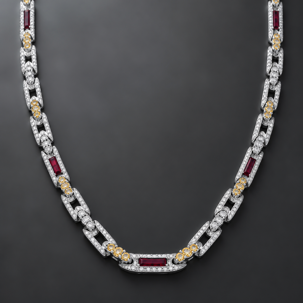 A men's necklace made of white gold with diamond and ruby stones. una delicada cadena con diamantes amarillos y que mantenga el mismo tejido de la foto
photorealistic jewelry design, A men's necklace made of white gold with diamond and ruby stones. una delicada cadena con diamantes amarillos y que mantenga el mismo tejido de la foto, modern style, just the design no text