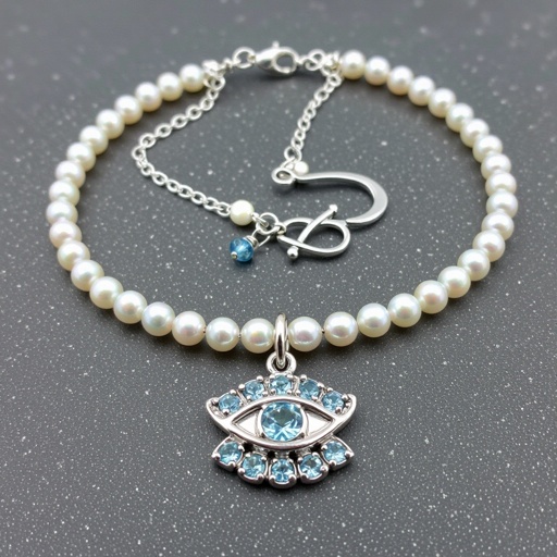 Тонкая цепочка с серебряными шариками и мелкими жемчужными камушками на цепочке есть кулон в форме глаза, зрачок глаза из аквамарина от глаза идет маленькая подвеска с маленькими камушками аквамарина 