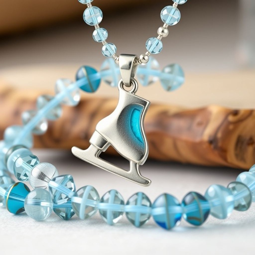 Silver pendant in the shape of ice skating blades with a turquoise stripe within the blade