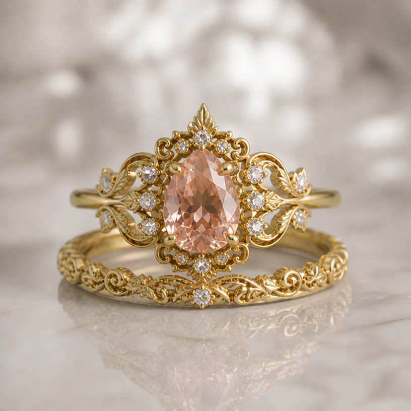 Make the form of the lower ring more fitting to the upper ring
Please exchange the main stone for a drop formed one, keep all other details
edit the attached jewelry design with these instructions: Make the form of the lower ring more fitting to the upper ring
Please exchange the main stone for a drop formed one, keep all other details. keep it photorealistic, just the design no text