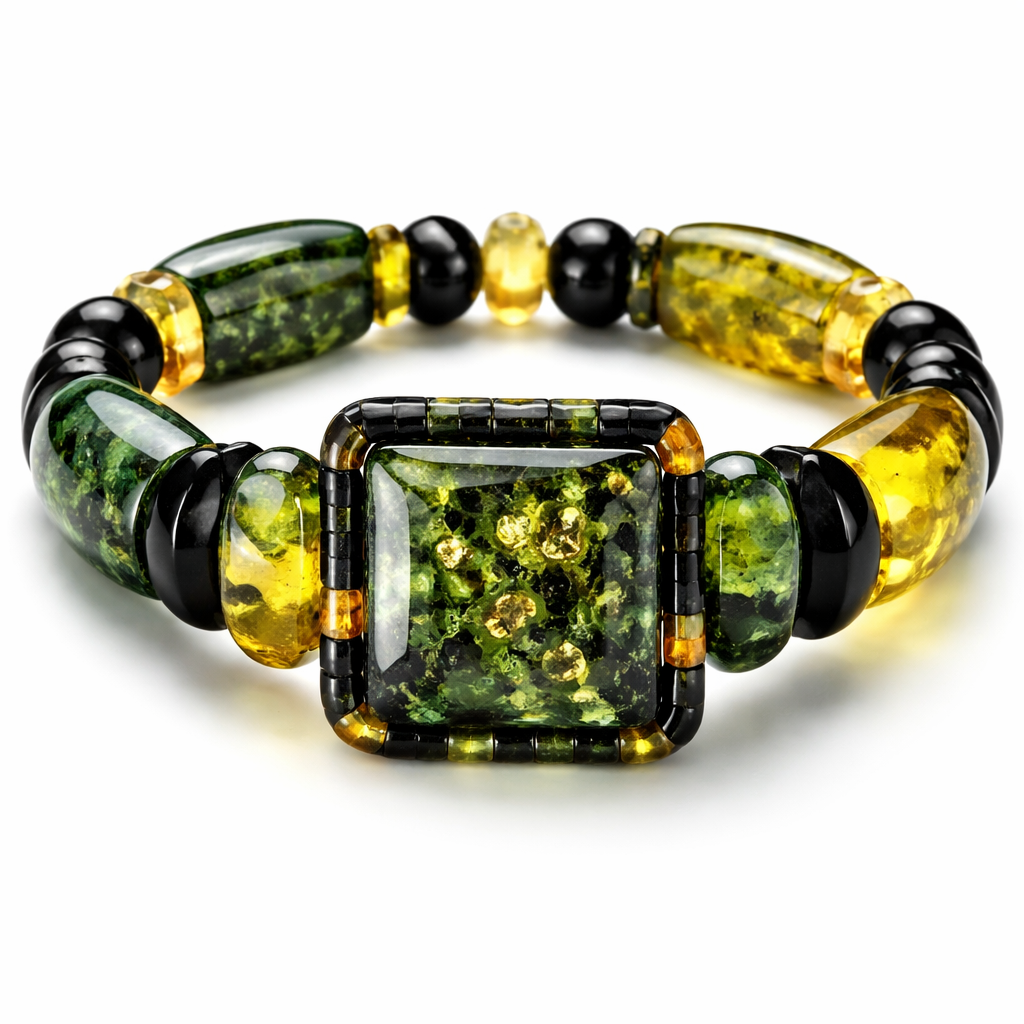 Only Ambers stones no steel bracelet for women green and black sport style ,square in the middle