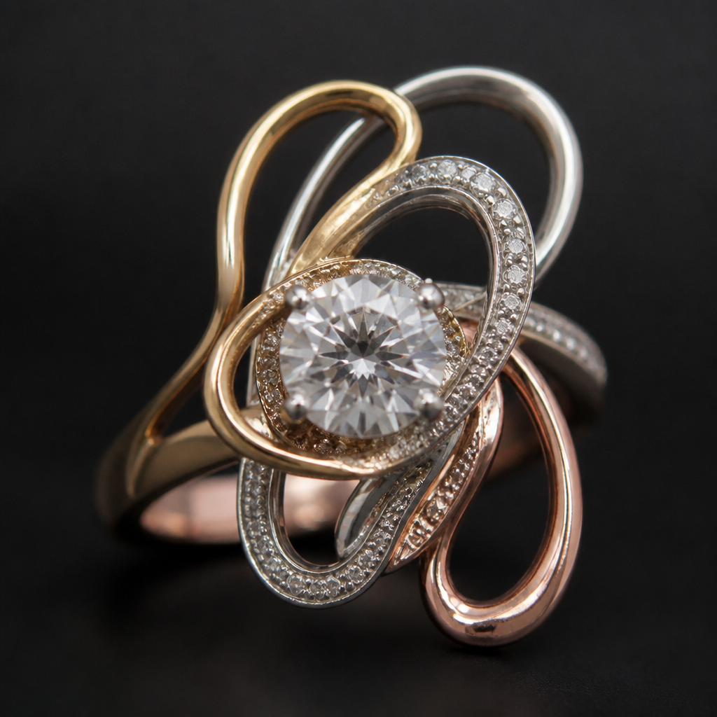 A avant-garde women's ring made of mixed metal with diamond stones suitable for festival. An extraordinary excellent beautiful delicate and elegant solitaire women ring. Face of the ring.
photorealistic jewelry design, A avant-garde women's ring made of mixed metal with diamond stones suitable for festival. An extraordinary excellent beautiful delicate and elegant solitaire women ring. Face of the ring., avant_garde style, just the design no text