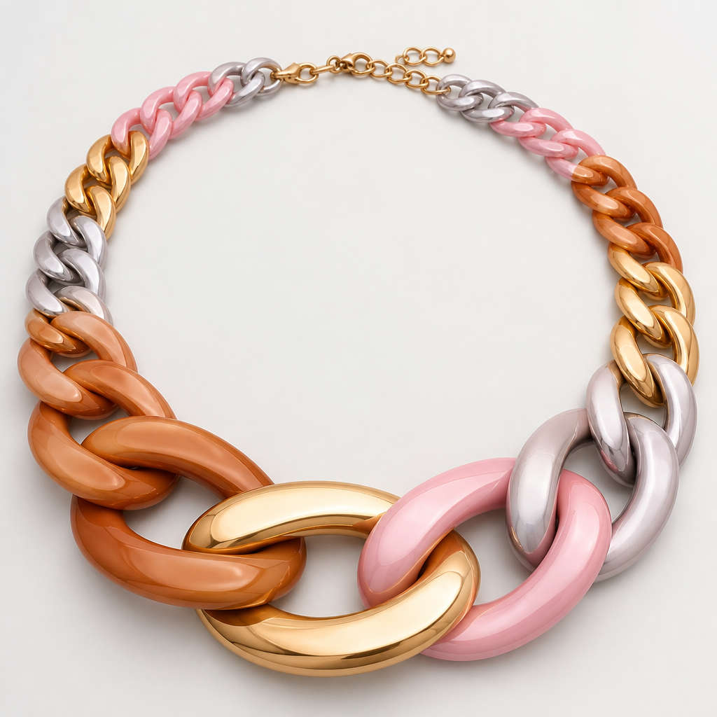 A women's necklace. create a chunky Cuban links style plastic necklace that is graduated and exaggerated in the first three links.colors: alternating copper, gold, pink and silver
photorealistic jewelry design, A women's necklace. create a chunky Cuban links style plastic necklace that is graduated and exaggerated in the first three links.colors: alternating copper, gold, pink and silver, modern style, just the design no text