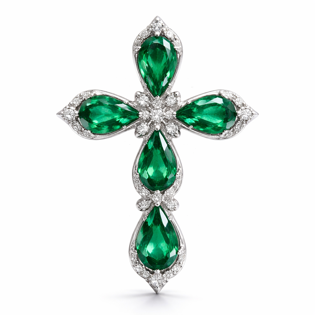 Pear cut Emerald white gold cross and with simple diamond accent stones. Timeless, elegant, and classy. Hidden bail. Light metal work.