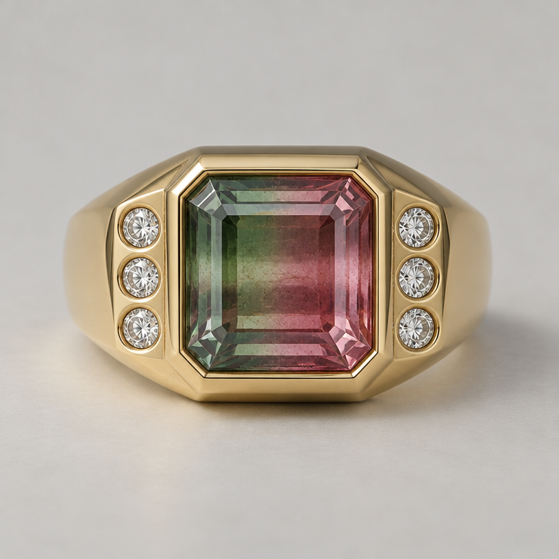 Rotate the center stone 90 degrees and make the melee diamonds on the sides in a gypsy setting on the face of the ring.
edit the attached jewelry design with these instructions: Rotate the center stone 90 degrees and make the melee diamonds on the sides in a gypsy setting on the face of the ring.. keep it photorealistic, just the design no text