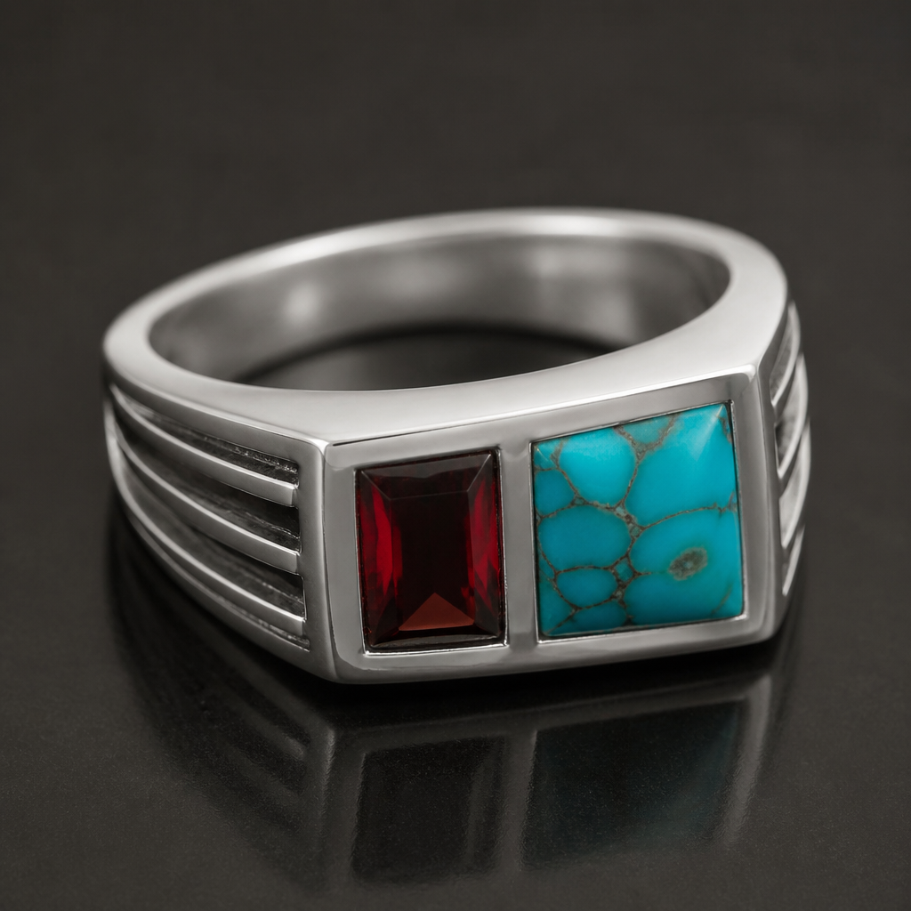 A modern men's ring made of silver with garnet and turquoise stones suitable for daily wear
photorealistic jewelry design, A modern men's ring made of silver with garnet and turquoise stones suitable for daily wear, modern style, just the design no text