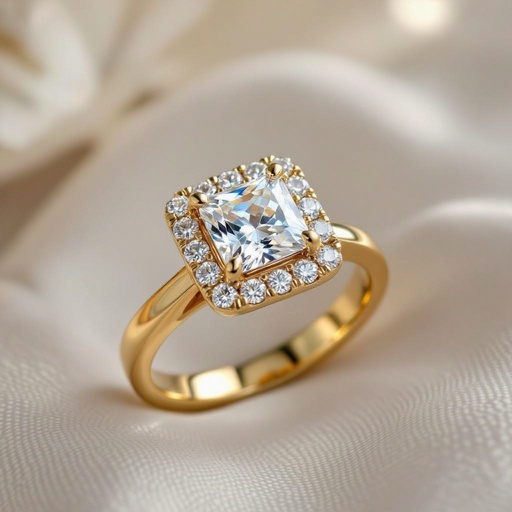 Square diamond with square halo, thick ring band