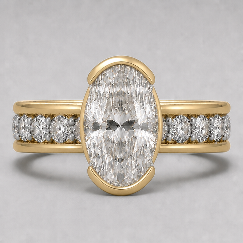 north and south bezel wall graduated to no bezel on the west and east side of the stone
edit the attached jewelry design with these instructions: north and south bezel wall graduated to no bezel on the west and east side of the stone. keep it photorealistic, just the design no text