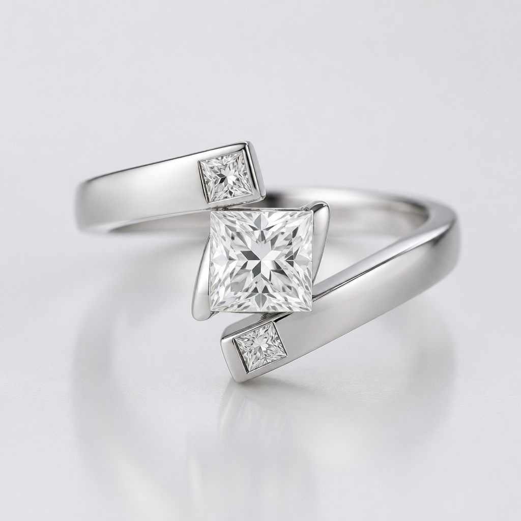 Create a wrap ring that has three princess cut diamonds with one being a big larger than the other two.
Modern jewelry: Modern wrap ring, 14k white gold. Three princess cut diamonds, one larger central stone. Clean lines, sleek design.