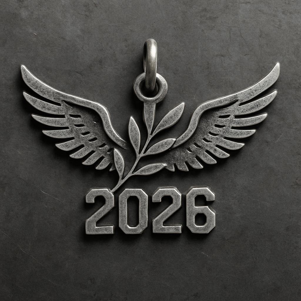 Silver cut-out charm blending together only the two spread out wings of a bird, an olive branch and  along year 2026