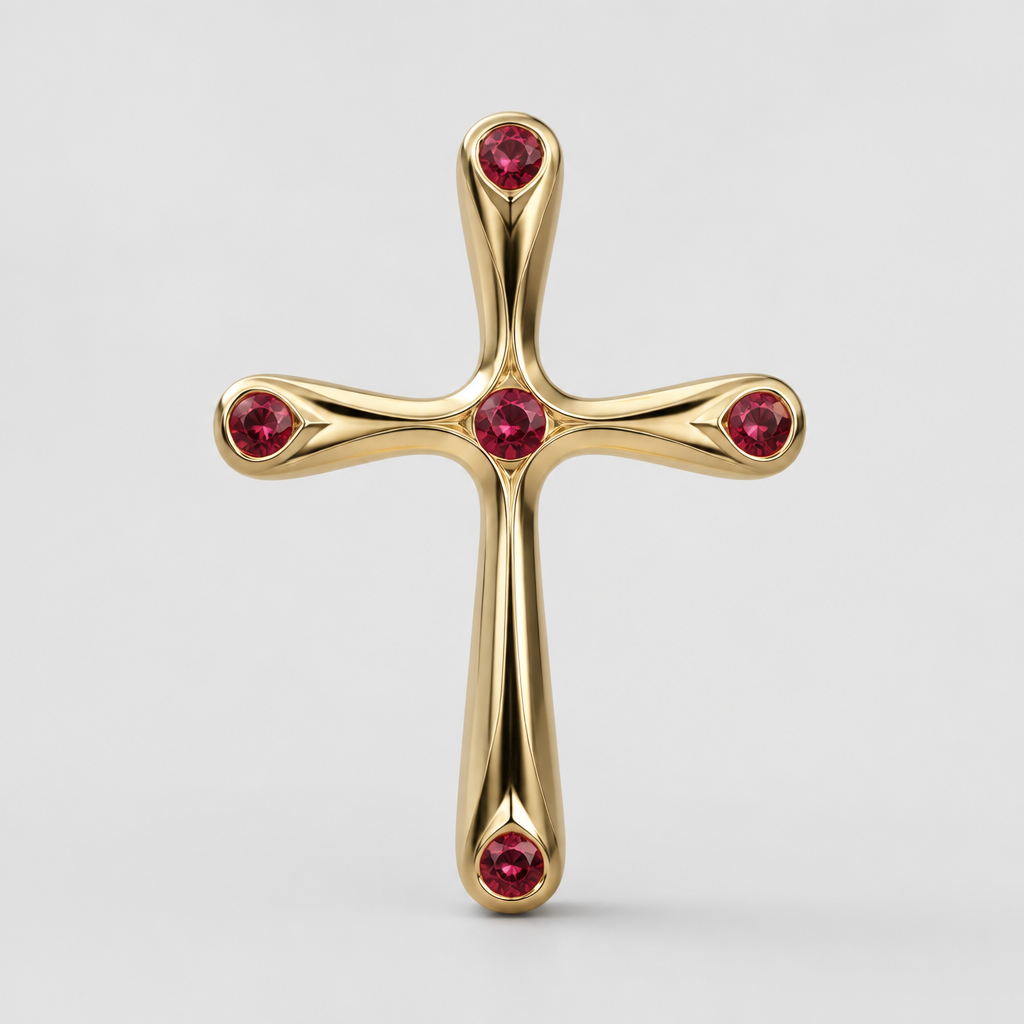Dainty and feminine Gold cross with rubies, majority gold . Hidden bail
photorealistic jewelry design, Dainty and feminine Gold cross with rubies, majority gold . Hidden bail, contemporary style, just the design no text