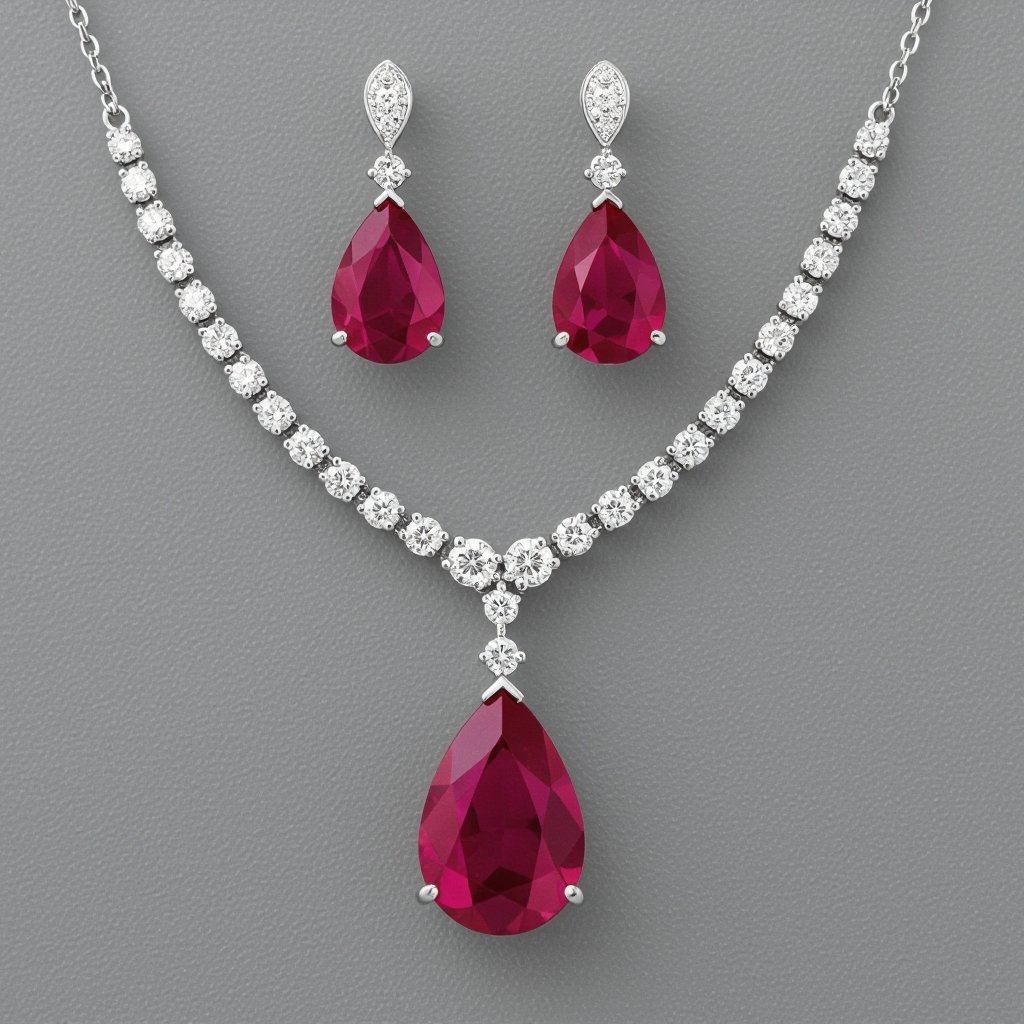 Ruby luxury necklace long pear drop style and luxury earring set Platinum necklace, ruby pear drops, diamond accents, prong setting. Matching platinum earrings, ruby pear drops, diamond accents, prong setting.