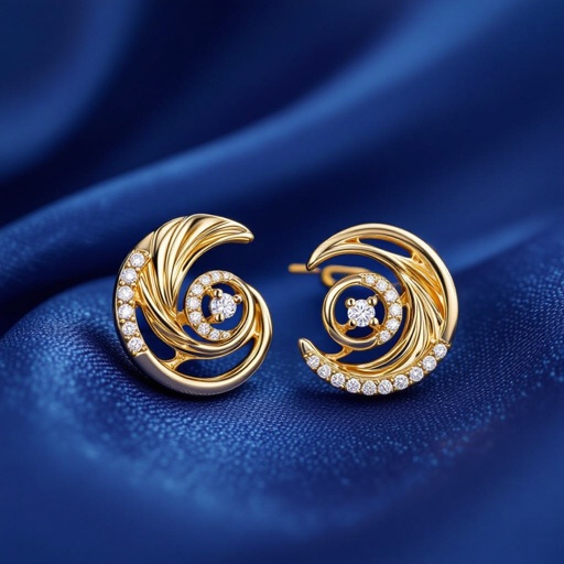 Золотые серьги в виде золотой спиральной ракушки украшенной тремя маленькими камнями 