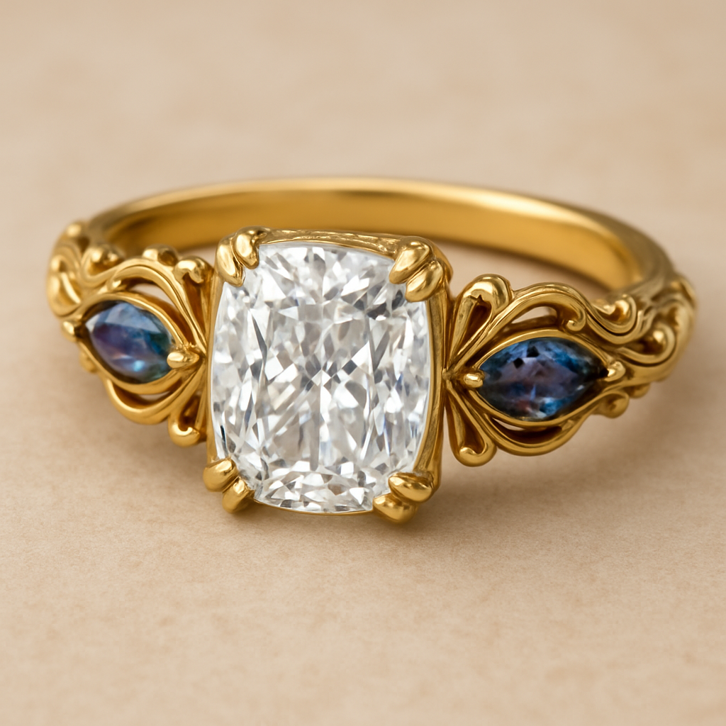 2 carat elongated cushion cut diamond engagement ring with double claw prongs in yellow gold ring with marquise shaped alexandrite side stones