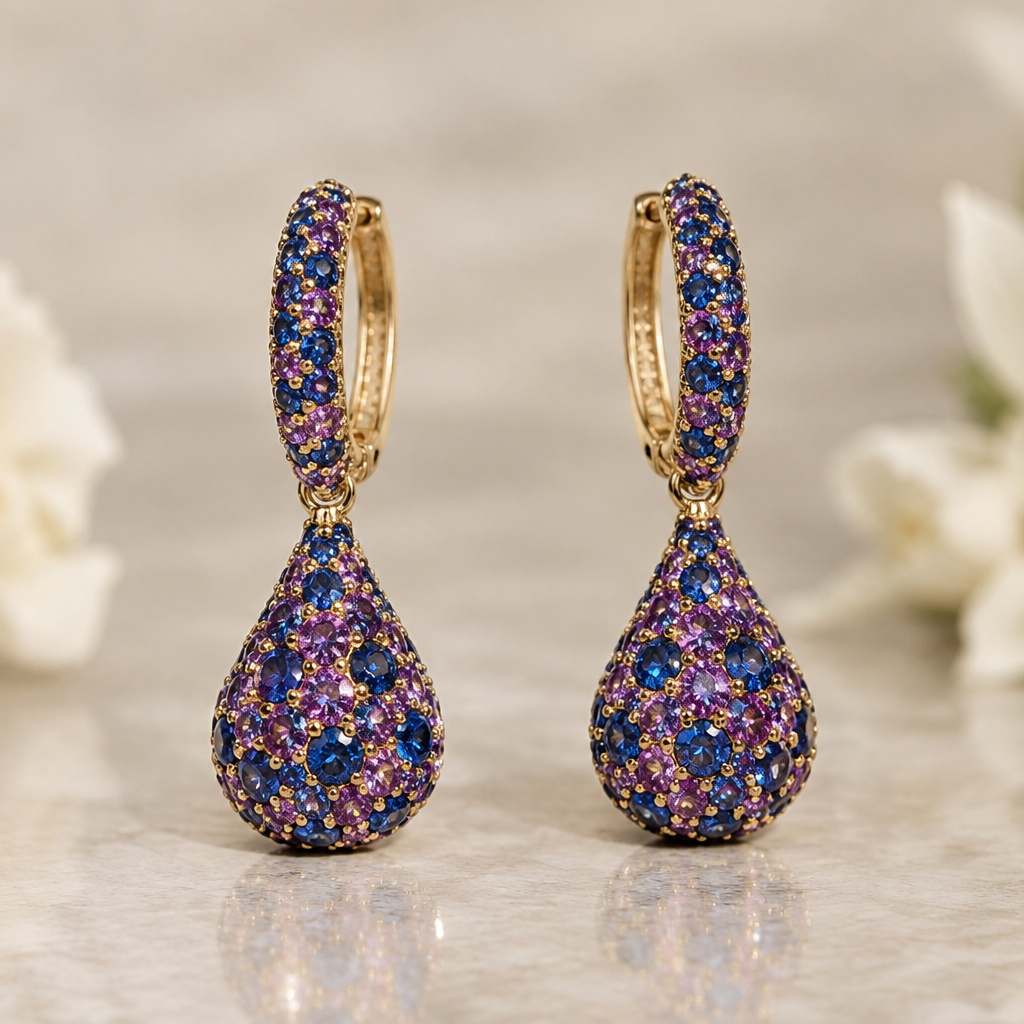 A pavé women's earrings made of gold with sapphire and amethyst stones suitable for wedding
photorealistic jewelry design, A pavé women's earrings made of gold with sapphire and amethyst stones suitable for wedding, pave style, just the design no text