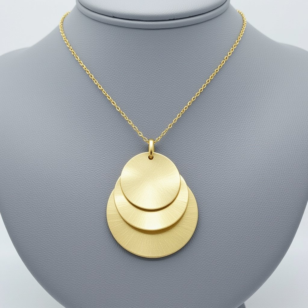 Подвеска из трех полукругов из матового неровного светлого золота соединенных цепочкой сверху самый широкий полукруг дальше средний и снизу самый маленький