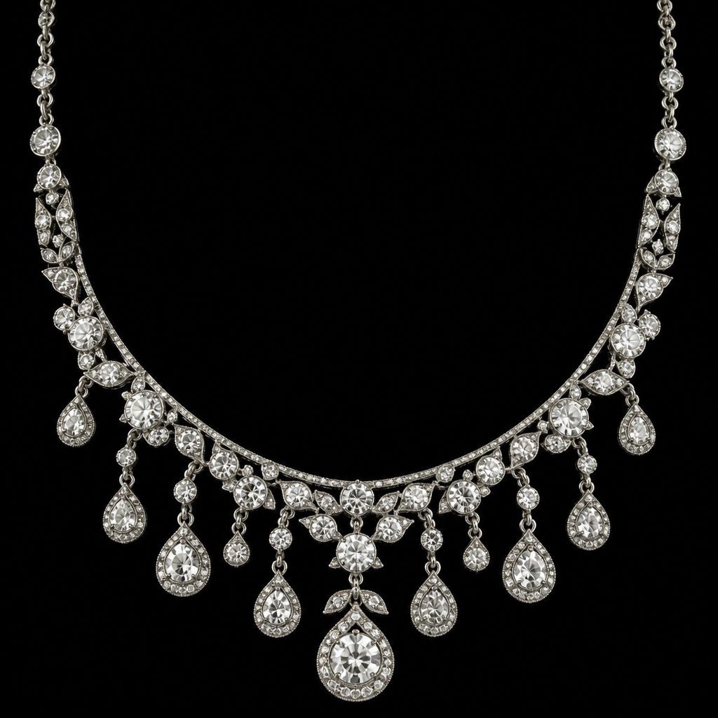 A vintage women's necklace made of silver with diamond stones. silver diamond necklace with dangling gems.. different sizes
photorealistic jewelry design, A vintage women's necklace made of silver with diamond stones. silver diamond necklace with dangling gems.. different sizes, vintage style, just the design no text