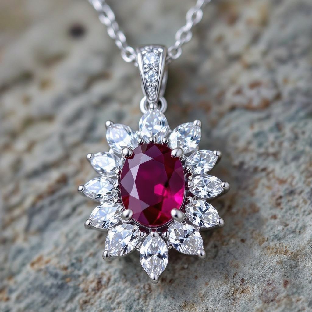 7x5mm oval pigeon blood ruby with 8 marquis cut diamonds each .08ct set in white gold pendant 