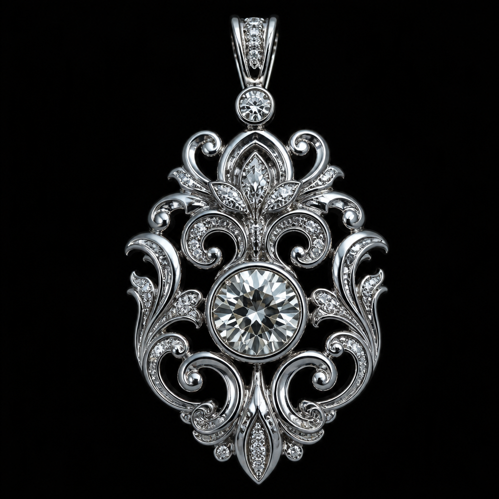A baroque men's pendant made of platinum with diamond stones
photorealistic jewelry design, A baroque men's pendant made of platinum with diamond stones, baroque style, just the design no text