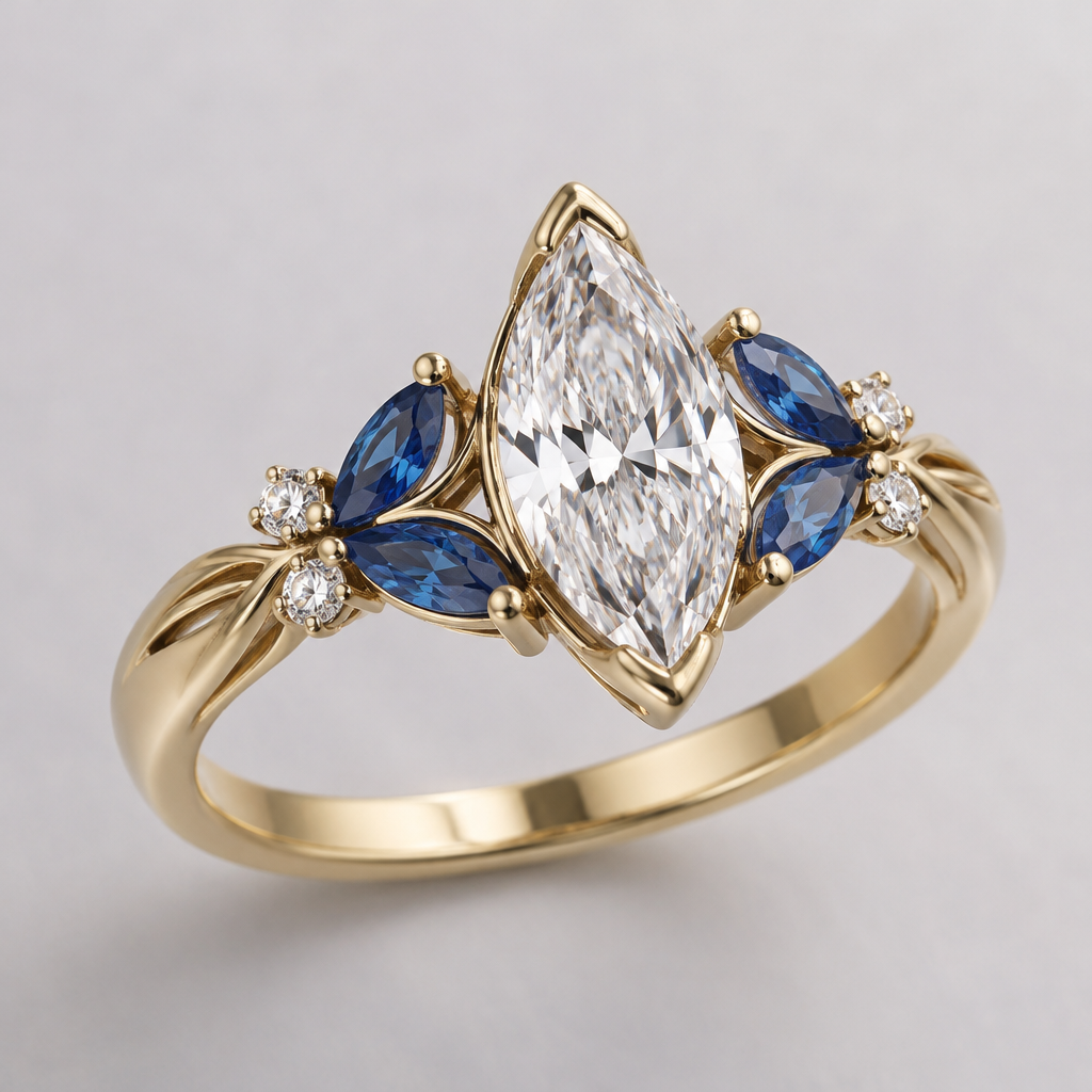 A women's ring. marquis with colored side stones
photorealistic jewelry design, A women's ring. marquis with colored side stones, modern style, just the design no text