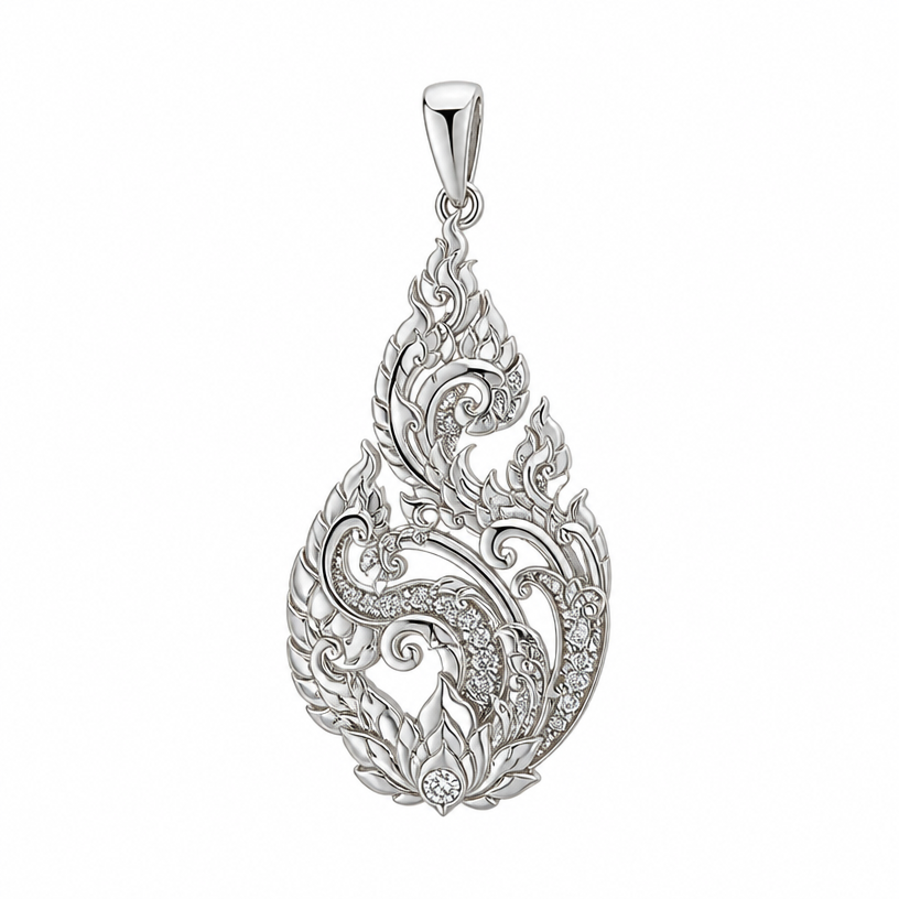 A minimalist women's pendant made of white gold with diamond stones suitable for daily wear. เอาลายไทยมาเป็นส่วนประกอบ, cost 300$
using the attached image as a visual reference, create A minimalist women's pendant made of white gold with diamond stones suitable for daily wear. เอาลายไทยมาเป็นส่วนประกอบ, cost 300$. photorealistic, just the design no text