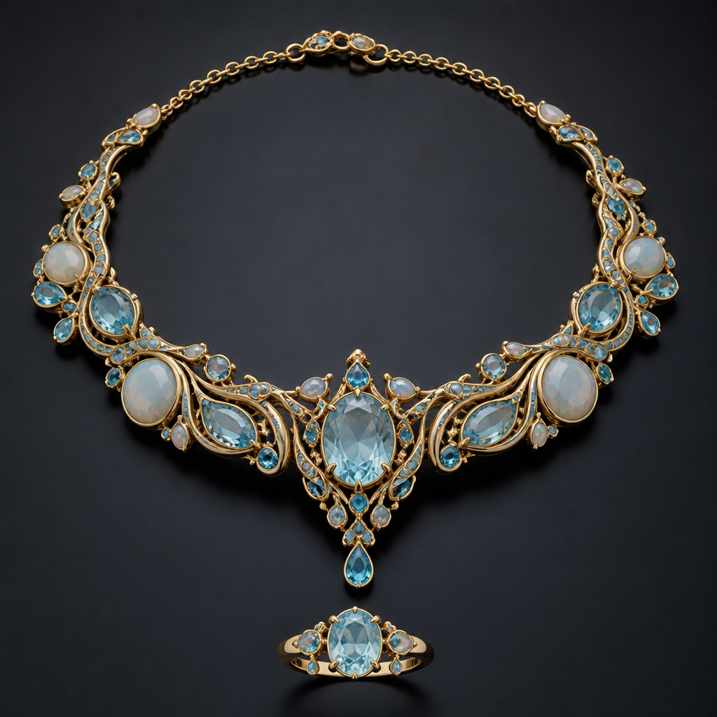 A sculptural women's necklace made of gold with aquamarine and opal stones suitable for formal, highly ornate, intricate and elaborate, richly detailed. un anello sottile con una pietra grande in centro e due piccole ai lati a forma di goccia. con piccoli rilievi a goccia
photorealistic jewelry design, A sculptural women's necklace made of gold with aquamarine and opal stones suitable for formal, highly ornate, intricate and elaborate, richly detailed. un anello sottile con una pietra grande in centro e due piccole ai lati a forma di goccia. con piccoli rilievi a goccia, sculptural style, just the design no text
