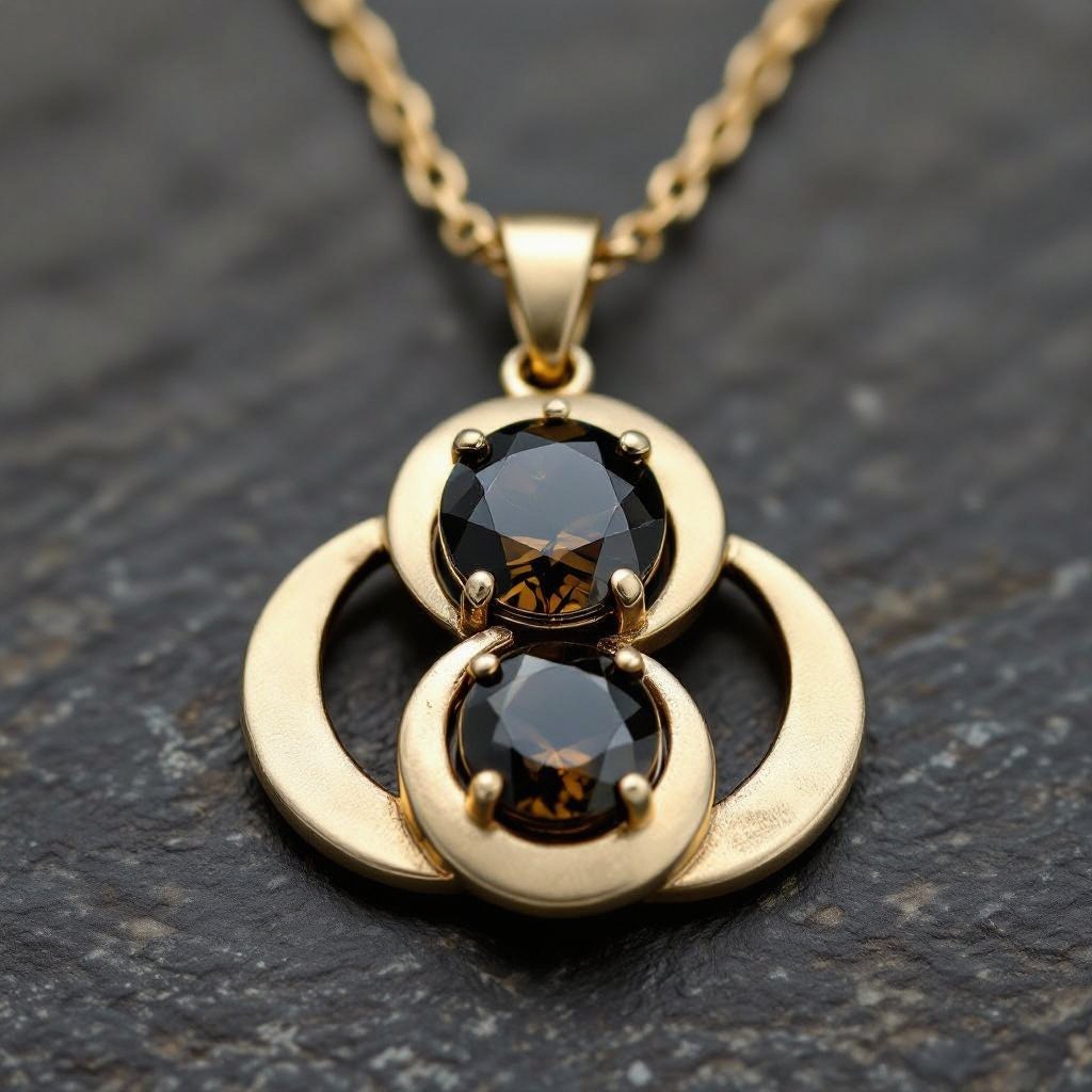 Подвеска из трех полумесяцев с узорами и камнями раухтопаза из матового неровного светлого золота с узорами соединенных цепочкой сверху самый широкий полукруг дальше средний и снизу самый маленький