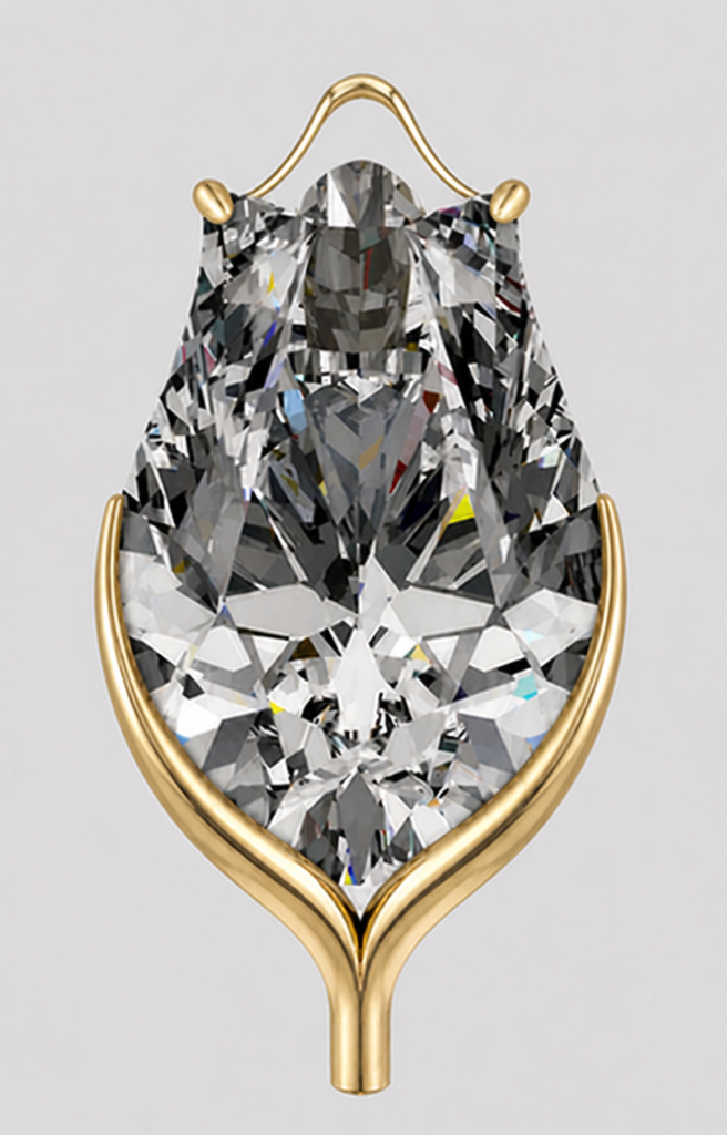 Edit this exact pendant design. Preserve the diamond exactly as shown. Preserve the lower gold calyx support and stem language. Keep the two small upper prongs. Refine the top so there is slightly more negative space between the upper bail structure and the top crest of the stone. Lift the upper bridge/bail slightly higher and make it lighter, finer and more elegant, while keeping it integrated with the pendant. The top must not touch or visually crowd the crest. Keep the crest fully visible and give the design more air and refinement. Do not make the bail tall, bulky, generic, decorative or separate. Do not redesign the lower half. Front view only, realistic fine-jewellery render, plain light background.
Edit this exact pendant design. Preserve the diamond exactly as shown. Preserve the lower gold calyx support and stem language. Keep the two small upper prongs. Refine the top so there is slightly more negative space between the upper bail structure and the top crest of the stone. Lift the upper bridge/bail slightly higher and make it lighter, finer and more elegant, while keeping it integrated with the pendant. The top must not touch or visually crowd the crest. Keep the crest fully visible and give the design more air and refinement. Do not make the bail tall, bulky, generic, decorative or separate. Do not redesign the lower half. Front view only, realistic fine-jewellery render, plain light background.