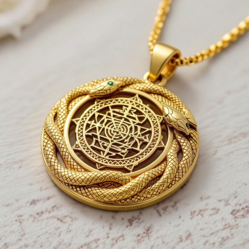 Золотой матовый кулон в виде круга, по окружности золотая тонкая змея в центре изображена янтра богини кали
