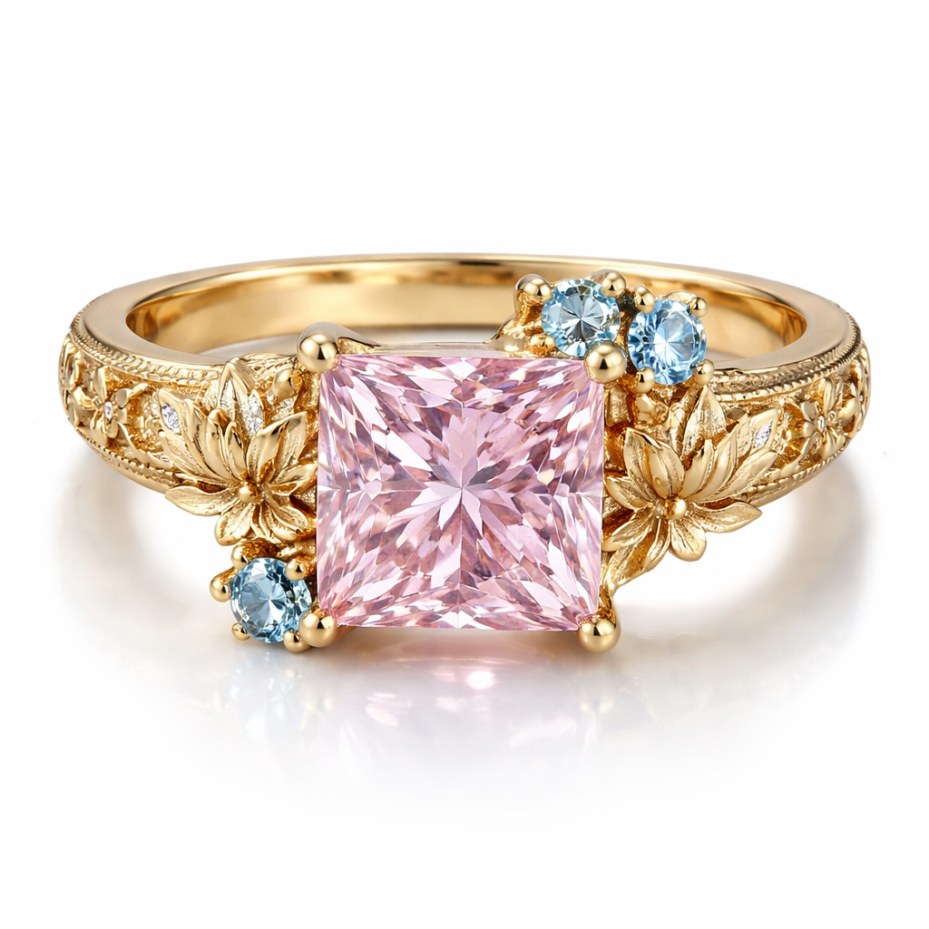 a light pink princess cut 4ct diamond ring with two small 0.25ct blue diamonds on the top right of the main light pink diamond and a small 0.25ct blue diamond on the corner of the bottom left of the main diamond with lotuses engraved on a gold band