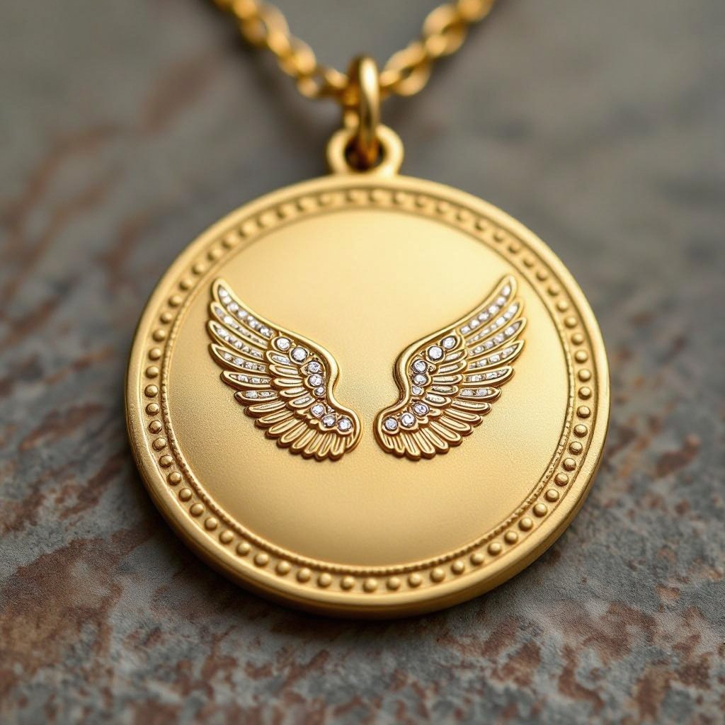 Золотой матовый медальон в форме круга с неровными краями. По краям выпуклые точки сплошной линией. На круге выгравирован ангел без фигуры, видно только крылья и украшен миниатюрными камнями