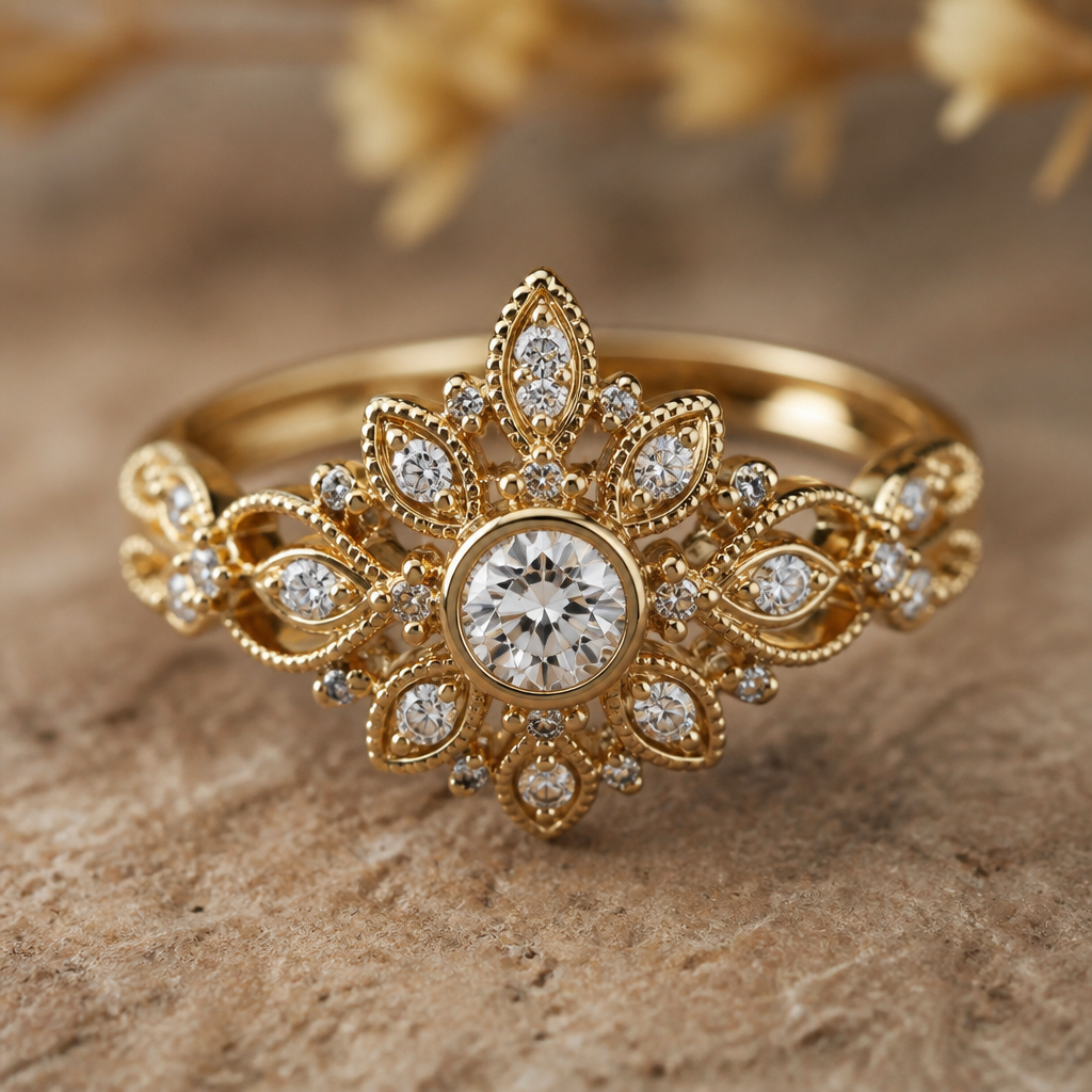 A bohemian women's ring made of gold with diamond stones
photorealistic jewelry design, A bohemian women's ring made of gold with diamond stones, bohemian style, just the design no text