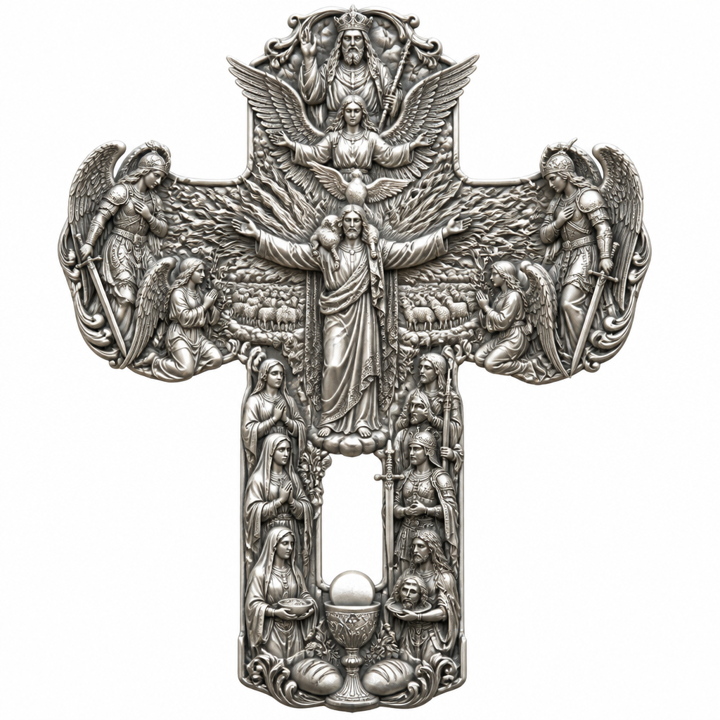 A sculptural women's pendant made of silver suitable for festival. An extraordinary excellent beautiful delicate and elegant, super modern Cross, without stones, without background only the Cross, with Jesus Christ as the Good Shepherd with a beautiful delicate and elegant face, with long hair, with a beautiful delicate elegant and fit body, with His hands wide open to receive all of us, with a beautiful delicate elegant and beautifully ornated tunic, with a beautiful delicate and elegant sheep on His shoulders, with a beautiful delicate and elegant flock of beautiful delicate and elegant sheep backward of Him. Over Jesus Christ and the flock to be placed the Holy Spirit as an Angel with a beautiful delicate and elegant face, with long hair, with big wings flying, with a beautiful delicate elegant and fit body, with a beautiful delicate elegant and beautifully ornated tunic under the Angel to be placed a beautiful delicate and elegant dove flying both of them the Angel and the dove to be surrounded by tongues of fire radiating light to Jesus Christ and the flock. Over the Holy Spirit to be placed God the Father with a beautiful delicate and elegant face, with long hair, with a beautiful delicate elegant and fit body, with a beautiful delicate and elegant tunic, with a beautiful delicate and elegant sceptre at His left hand blessing the world with His right hand, with a beautiful delicate elegant and beautifully ornated crown on His head. At the bottom of the Cross to be placed the Holy Communion with a beautiful delicate elegant and beautifully ornated chalice and two breads around the chalice. At the lower right side of the Cross to be stacked one by one Saint John the Baptist with a beautiful delicate elegant and beautifully ornated platter with his head on it. Over Saint John the Baptist to be placed Saint Constantine with a beautiful delicate and elegant face, with long hair, with a beautiful delicate and elegant crown on his head, with a beautiful delicate elegant and fit body, with a beautiful delicate and elegant armour holding a beautiful delicate elegant and beautifully ornated Cross. Over Saint Constantine to be placed Saint George with a beautiful delicate and elegant face, with long hair, with a beautiful delicate elegant and beautifully ornated helmet with a beautiful delicate elegant and fit body, with a beautiful delicate elegant and beautifully ornated armour, holding a beautiful delicate and elegant sword with his right hand at low position and near the floor giving respect to the Holy Trinity and Praying. Over Saint George to be placed Saint Peter the Apostle Praying. At the left lower side of the Cross to be placed stacked Saint Paraskevi with a beautiful delicate and elegant face, with long hair, with a beautiful delicate elegant and beautifully curved body, with a beautiful delicate elegant and beautifully ornated tunic holding a bowl with two eyes in it. Over Saint Paraskevi to be placed Saint Irene with a beautiful delicate and elegant face, with long hair, with a beautiful delicate elegant and beautifully ornated wreath on her head, with a beautiful delicate elegant and beautifully curved body, with a beautiful delicate elegant and beautifully ornated tunic Praying. Over Saint Irene to be placed Virgo Maria with a beautiful delicate and elegant face, with beautifully ornated long hair, with a beautiful delicate elegant and beautifully curved body, with a beautiful delicate elegant and beautifully ornated tunic Praying. Over Virgo Maria to be placed Saint Paul the Apostle Praying. At the right side of the Cross to be placed Saint Michael the Archangel with a beautiful delicate and elegant face, with long hair, with a beautiful delicate elegant and beautifully ornated helmet, with a beautiful delicate elegant and fit body, with big wings flying, with a beautiful delicate elegant and beautifully ornated armour, holding His beautiful delicate elegant and beautifully ornated sword low to the ground giving respect to the Holy Trinity and Praying. In front of Saint Michael the Archangel to be placed Saint Gabriel the Archangel with a beautiful delicate and elegant face, with long hair, with a beautiful delicate elegant and beautifully ornated helmet on His head, with a beautiful delicate elegant and fit body, with big wings flying, with a beautiful delicate elegant and beautifully ornated armour, holding a beautiful delicate elegant and beautifully ornated bucket of lilyes and Praying. At the left side of the Cross to be placed Saint Rafael the Archangel with a beautiful delicate and elegant face, with long hair, with a beautiful delicate elegant and beautifully ornated helmet, with a beautiful delicate elegant and fit body, with big wings flying, with a beautiful delicate elegant and beautifully ornated armour, holding a beautiful delicate elegant and beautifully ornated sword with his right hand low giving respect to the Holy Trinity and Praying. In front of Saint Rafael the Archangel to be placed the Guardian Angel with a beautiful delicate and elegant face, with long hair, with a beautiful delicate elegant and beautifully ornated with flowers wreath on His head, with a beautiful delicate elegant and fit body, with a beautiful delicate elegant and beautifully ornated tunic Praying. Make all the Angels, the Saints, God the Father, the Holy Spirit and Jesus Christ and the flock as statues.
photorealistic jewelry design, A sculptural women's pendant made of silver suitable for festival. An extraordinary excellent beautiful delicate and elegant, super modern Cross, without stones, without background only the Cross, with Jesus Christ as the Good Shepherd with a beautiful delicate and elegant face, with long hair, with a beautiful delicate elegant and fit body, with His hands wide open to receive all of us, with a beautiful delicate elegant and beautifully ornated tunic, with a beautiful delicate and elegant sheep on His shoulders, with a beautiful delicate and elegant flock of beautiful delicate and elegant sheep backward of Him. Over Jesus Christ and the flock to be placed the Holy Spirit as an Angel with a beautiful delicate and elegant face, with long hair, with big wings flying, with a beautiful delicate elegant and fit body, with a beautiful delicate elegant and beautifully ornated tunic under the Angel to be placed a beautiful delicate and elegant dove flying both of them the Angel and the dove to be surrounded by tongues of fire radiating light to Jesus Christ and the flock. Over the Holy Spirit to be placed God the Father with a beautiful delicate and elegant face, with long hair, with a beautiful delicate elegant and fit body, with a beautiful delicate and elegant tunic, with a beautiful delicate and elegant sceptre at His left hand blessing the world with His right hand, with a beautiful delicate elegant and beautifully ornated crown on His head. At the bottom of the Cross to be placed the Holy Communion with a beautiful delicate elegant and beautifully ornated chalice and two breads around the chalice. At the lower right side of the Cross to be stacked one by one Saint John the Baptist with a beautiful delicate elegant and beautifully ornated platter with his head on it. Over Saint John the Baptist to be placed Saint Constantine with a beautiful delicate and elegant face, with long hair, with a beautiful delicate and elegant crown on his head, with a beautiful delicate elegant and fit body, with a beautiful delicate and elegant armour holding a beautiful delicate elegant and beautifully ornated Cross. Over Saint Constantine to be placed Saint George with a beautiful delicate and elegant face, with long hair, with a beautiful delicate elegant and beautifully ornated helmet with a beautiful delicate elegant and fit body, with a beautiful delicate elegant and beautifully ornated armour, holding a beautiful delicate and elegant sword with his right hand at low position and near the floor giving respect to the Holy Trinity and Praying. Over Saint George to be placed Saint Peter the Apostle Praying. At the left lower side of the Cross to be placed stacked Saint Paraskevi with a beautiful delicate and elegant face, with long hair, with a beautiful delicate elegant and beautifully curved body, with a beautiful delicate elegant and beautifully ornated tunic holding a bowl with two eyes in it. Over Saint Paraskevi to be placed Saint Irene with a beautiful delicate and elegant face, with long hair, with a beautiful delicate elegant and beautifully ornated wreath on her head, with a beautiful delicate elegant and beautifully curved body, with a beautiful delicate elegant and beautifully ornated tunic Praying. Over Saint Irene to be placed Virgo Maria with a beautiful delicate and elegant face, with beautifully ornated long hair, with a beautiful delicate elegant and beautifully curved body, with a beautiful delicate elegant and beautifully ornated tunic Praying. Over Virgo Maria to be placed Saint Paul the Apostle Praying. At the right side of the Cross to be placed Saint Michael the Archangel with a beautiful delicate and elegant face, with long hair, with a beautiful delicate elegant and beautifully ornated helmet, with a beautiful delicate elegant and fit body, with big wings flying, with a beautiful delicate elegant and beautifully ornated armour, holding His beautiful delicate elegant and beautifully ornated sword low to the ground giving respect to the Holy Trinity and Praying. In front of Saint Michael the Archangel to be placed Saint Gabriel the Archangel with a beautiful delicate and elegant face, with long hair, with a beautiful delicate elegant and beautifully ornated helmet on His head, with a beautiful delicate elegant and fit body, with big wings flying, with a beautiful delicate elegant and beautifully ornated armour, holding a beautiful delicate elegant and beautifully ornated bucket of lilyes and Praying. At the left side of the Cross to be placed Saint Rafael the Archangel with a beautiful delicate and elegant face, with long hair, with a beautiful delicate elegant and beautifully ornated helmet, with a beautiful delicate elegant and fit body, with big wings flying, with a beautiful delicate elegant and beautifully ornated armour, holding a beautiful delicate elegant and beautifully ornated sword with his right hand low giving respect to the Holy Trinity and Praying. In front of Saint Rafael the Archangel to be placed the Guardian Angel with a beautiful delicate and elegant face, with long hair, with a beautiful delicate elegant and beautifully ornated with flowers wreath on His head, with a beautiful delicate elegant and fit body, with a beautiful delicate elegant and beautifully ornated tunic Praying. Make all the Angels, the Saints, God the Father, the Holy Spirit and Jesus Christ and the flock as statues., sculptural style, just the design no text