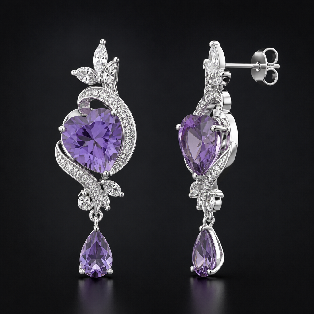 A romantic women's earrings made of white gold with amethyst and diamond stones suitable for wedding. earrings romantic with withe gold in amethyst and diamond for wedding
photorealistic jewelry design, A romantic women's earrings made of white gold with amethyst and diamond stones suitable for wedding. earrings romantic with withe gold in amethyst and diamond for wedding, romantic style, just the design no text