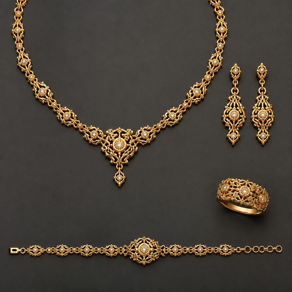 A byzantine women's necklace made of gold. make earrings and ring and bracelet with it as same design
photorealistic jewelry design, A byzantine women's necklace made of gold. make earrings and ring and bracelet with it as same design, byzantine style, just the design no text