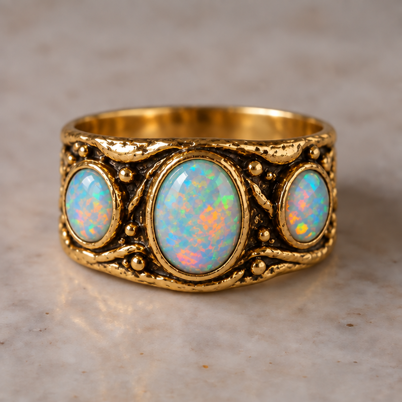 Restyled: make opals all oval same size
Restyle the jewelry piece in the image: make opals all oval same size. Keep the overall design and composition unless instructed otherwise. Photorealistic jewelry photograph, no text.