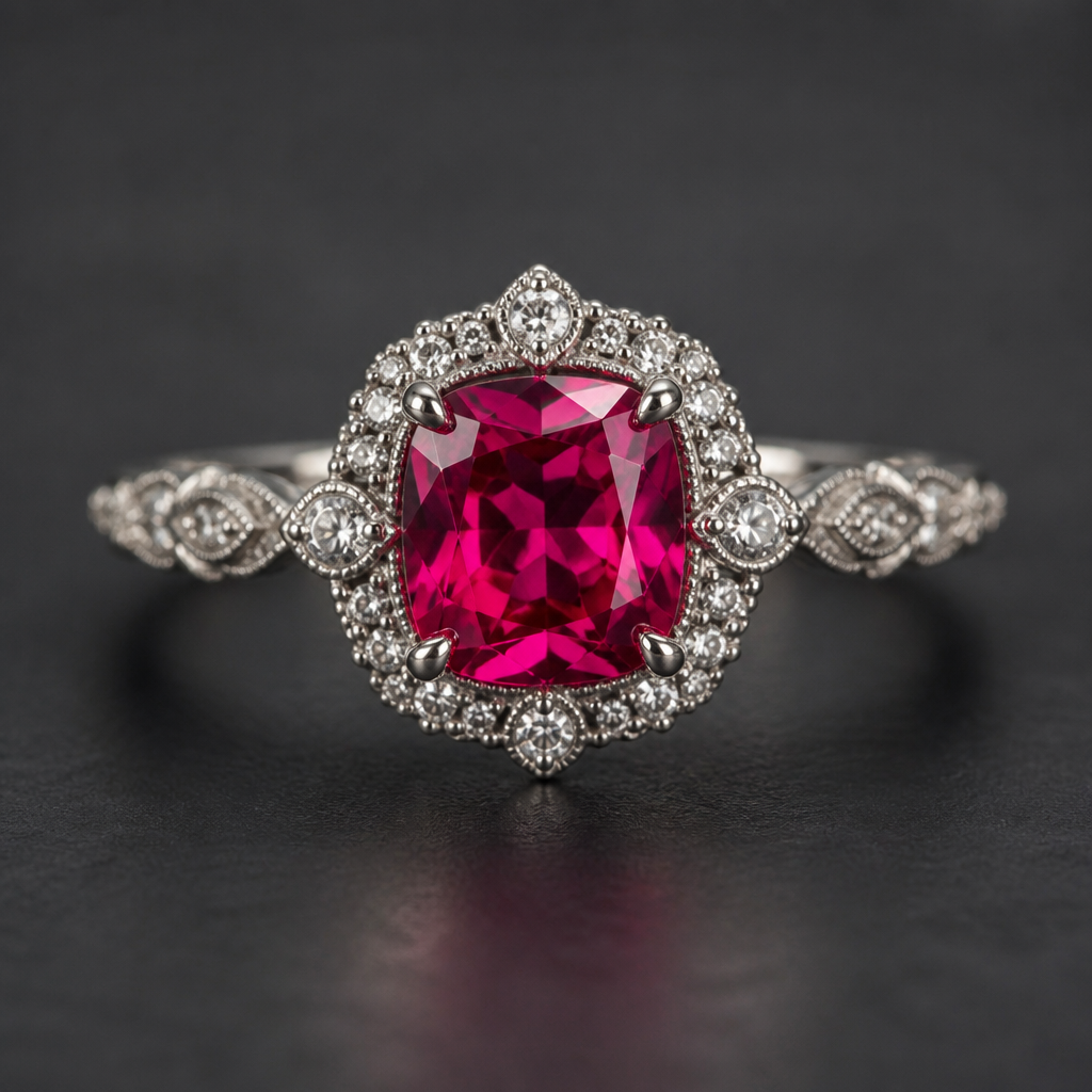 Cushion cut spinel and diamonds
photorealistic jewelry design, Cushion cut spinel and diamonds , vintage style, just the design no text