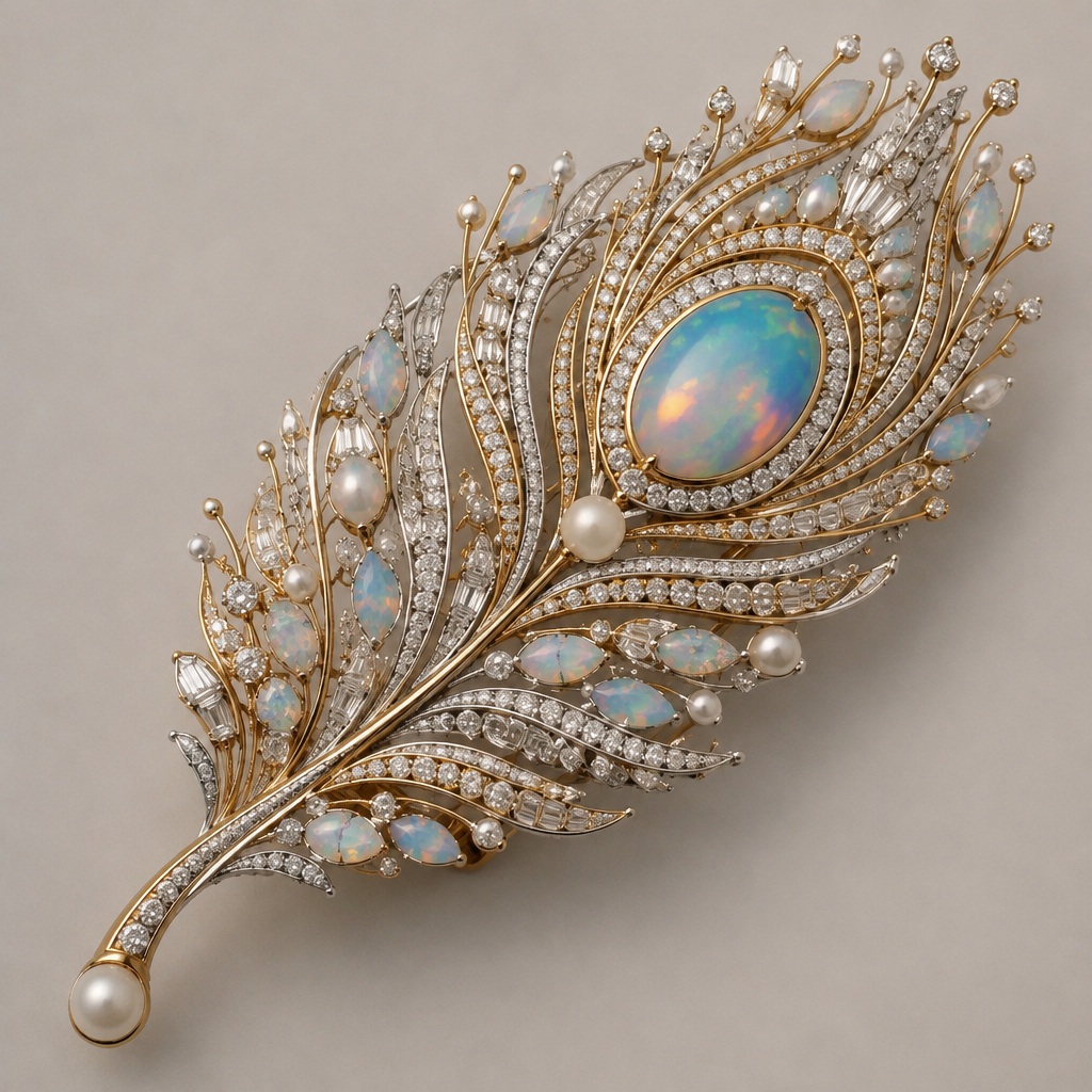 A geometric women's brooch made of mixed metal with diamond and opal and pearl stones suitable for wedding, highly ornate, intricate and elaborate, richly detailed. peacock feather shaped broach
photorealistic jewelry design, A geometric women's brooch made of mixed metal with diamond and opal and pearl stones suitable for wedding, highly ornate, intricate and elaborate, richly detailed. peacock feather shaped broach, geometric style, just the design no text