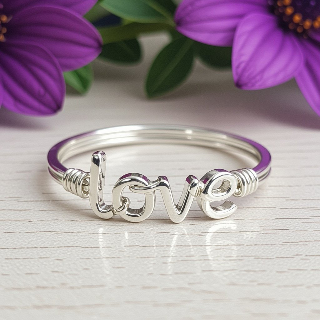 Pure silver band no jewels with silver wire letters, creating the word love