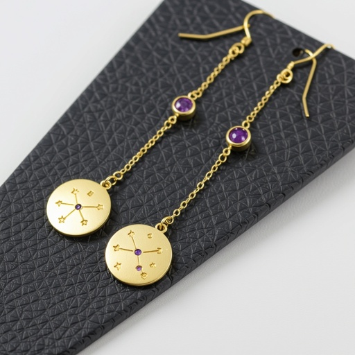 Серьги длинные на цепочках матовое золото мятое. Символ схематично созвездие. Маленькие фиолетовые камушки