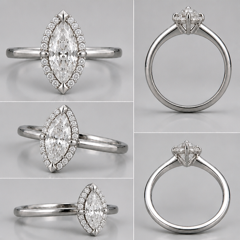 Inclinar mais um pouco os diamantes menores para fora. Aproximadamente 15°
edit the attached jewelry design with these instructions: Inclinar mais um pouco os diamantes menores para fora. Aproximadamente 15°. keep it photorealistic, just the design no text
