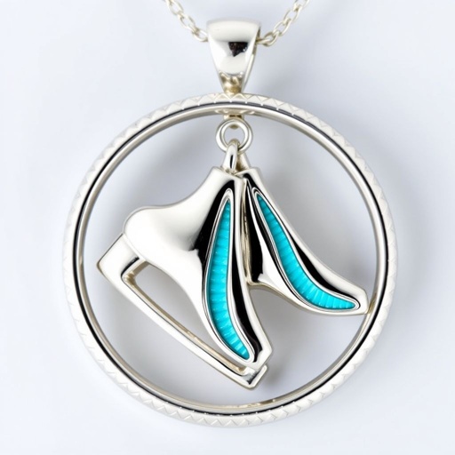 Silver pendant in the shape of ice skating blades with a turquoise stripe within the blade