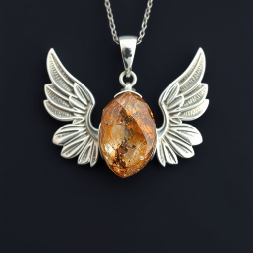 Create a pendant, use silver minimal, use raw natural gem stone and at top side of gem at the back there shall be one wing showing right hand side of the stone and one left hand side. Wings shall be with minimul silver used.