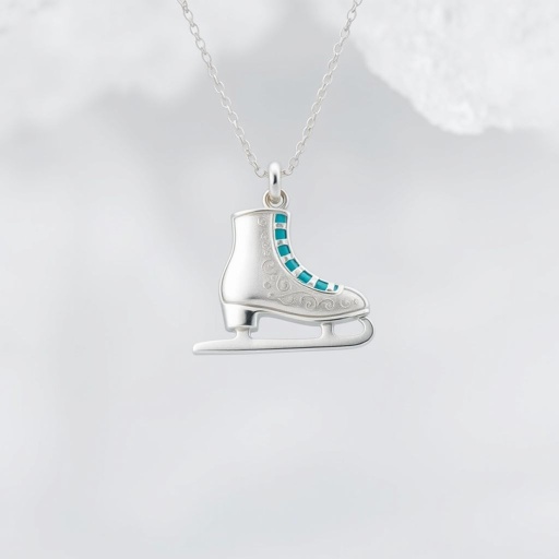 Silver Pendant shape one ice skate with turquoise stripe inside the low thin part blade
