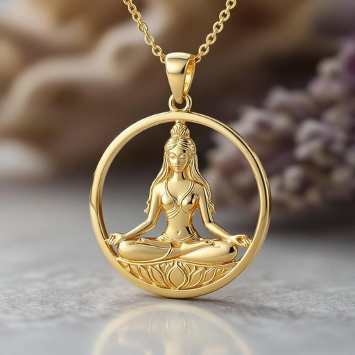 Золотой кулон в виде неровного круга в круге выгравирована женщина с длинными волосами в позе лотоса