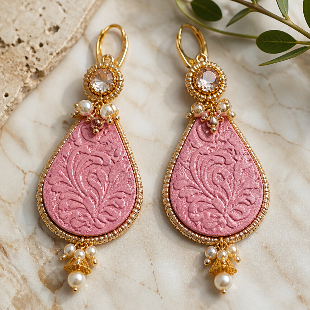 Create an artistic earring using pink tear drop embossed pink leather image with 3 inches in length. Create a finished artistic design of an earring using embellishments and other materials that can be handmade in 1.5 hours or less. Overall image should have a luxurious appearance and eye catching.
photorealistic jewelry design, Create an artistic earring using pink tear drop embossed pink leather image with 3 inches in length. Create a finished artistic design of an earring using embellishments and other materials that can be handmade in 1.5 hours or less. Overall image should have a luxurious appearance and eye catching., mediterranean style, just the design no text