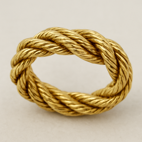 Yellow gold ring made to look like a piece of twine wrapped like a ring 